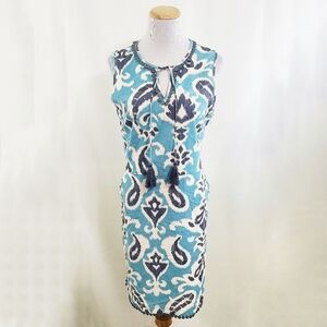 Jade Melody Tam ikat linen sheath dress blue ivory size medium